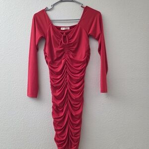 Chic Long Sleeve Red Ruched Dress